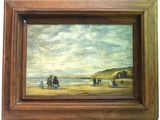 une peinture à l'huile représentant une scène de plage avec des gens sur le sable