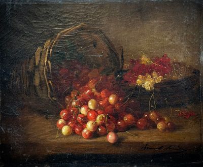 tableau représentant un panier de cerises et des cerises posées sur une table