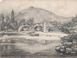 pencil drawing of a bridge over a river with a mountain in the background
