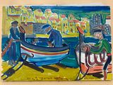 a painting on the wall of a building with people in a boat