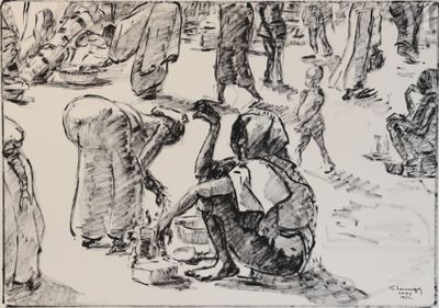 dessin représentant un groupe de personnes rassemblées autour d'un homme tenant un seau