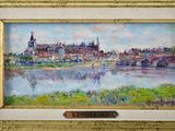 a picture of a painting of a town by the water