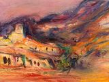 a painting of a painting of a mountain with a castle in the distance