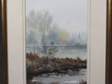 l'image d'une peinture représentant une rivière avec des arbres en arrière-plan