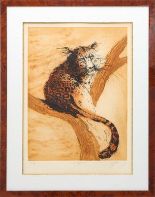 un tableau représentant un chat assis sur une branche d'arbre