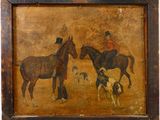 tableau représentant un homme à cheval accompagné de deux chiens et un autre homme à cheval accompagné d'un chien