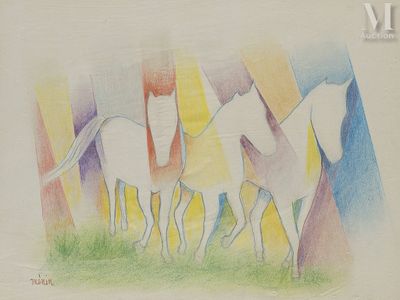 Roger MENIN (1925-) Cavalcade Pastel Signée en bas à gauche