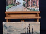 painting of a country road with a house and trees in the background