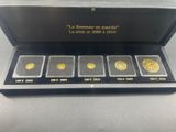 a box of five gold coins sitting on top of a table