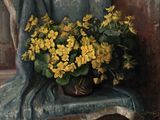 tableau représentant des fleurs jaunes dans un vase posé sur une chaise bleue