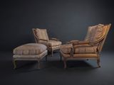 deux chaises et un pouf dans une pièce sombre, sur fond noir