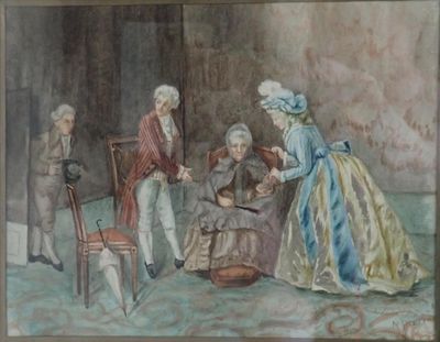 a painting of a group of people sitting around a table
