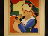 tableau représentant une femme tenant un téléphone portable dans la main droite