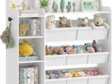 many stuffed animals on the shelves in the room