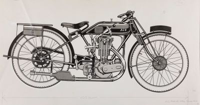 drawing of an old motorcycle with a black and white background
