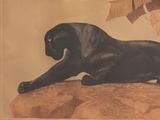 a painting of a black cat laying on a rock