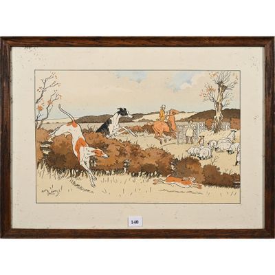 tableau représentant un groupe de chiens poursuivant un renard dans un champ