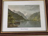 painting of a lake with mountains in the background and trees in the foreground