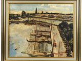 an oil painting of a harbor scene with sailboats in the foreground and a church in the distance