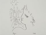 un dessin en noir et blanc représentant le visage d'une femme, avec un soleil au-dessus de sa tête