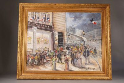 a painting of a crowd of people walking down the street