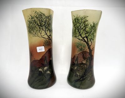 pair of hand painted vases with trees and animals on them