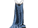 a blue dress hanging on a hanger on a white wall
