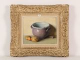 a picture of a painting of a bowl and some fruit
