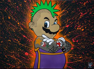 peinture d'un personnage de dessin animé avec des cheveux verts et un mohawk vert sur la tête