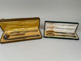 two knives and a spoon in a case on a table