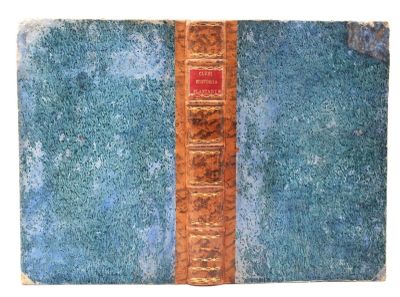 un tapis bleu sur lequel est posé un livre marron