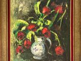 tableau représentant des tulipes rouges dans un vase blanc posé sur une table