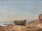 a painting of a boat on the shore by the water