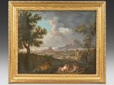 a painting of a landscape with a man and a woman in the foreground
