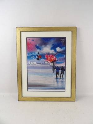 tableau représentant un couple marchant sur la plage avec des ballons