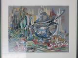 painting of a still life of a silver teapot and a bottle of wine on a table
