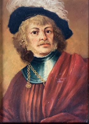 portrait of a man with a feathered hat and a red cloak