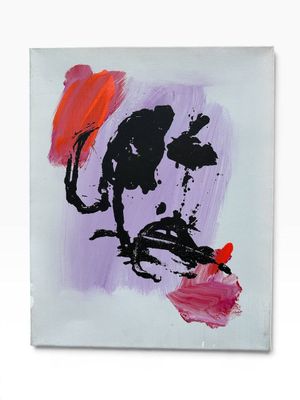 abstract painting of a man holding a red umbrella on a white surface