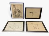 three framed drawings of bottles and a vase on a table