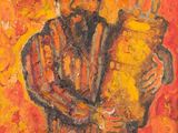 an oil painting of a man holding a pot in his hands