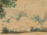 drawing of a view of a village with a church in the distance
