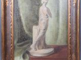 une peinture à l'huile représentant une femme debout sur une table, à côté d'un vase