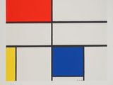 une peinture composée de carrés et de rectangles rouges, jaunes, bleus et noirs