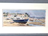 a picture of a painting of a boat on the beach