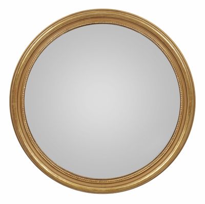 a round mirror with a gold frame on a white background