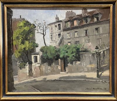 peinture à l'huile d'une scène de rue avec des bâtiments en arrière-plan