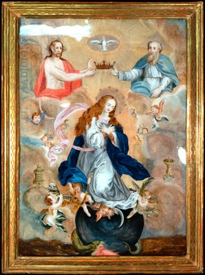une image représentant un tableau de la Vierge entourée d'anges et d'anges
