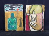 deux tableaux représentant un homme et une femme sur fond noir