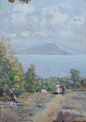 painting of a view of a mountain and a body of water