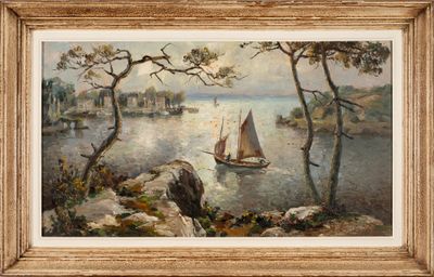 an oil painting of a sailboat on the water near a rocky shore